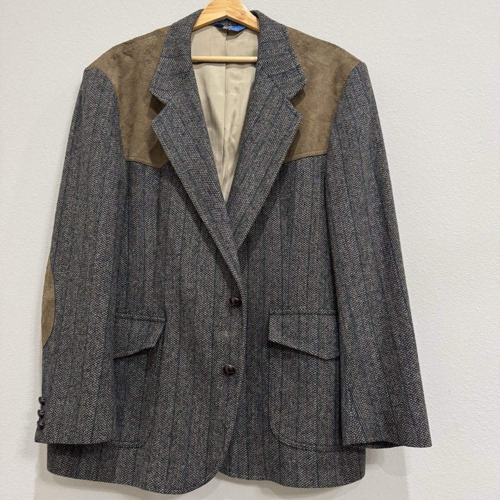 Pendleton Gray Herringbone Wool Blazer with Brown Suede Yoke